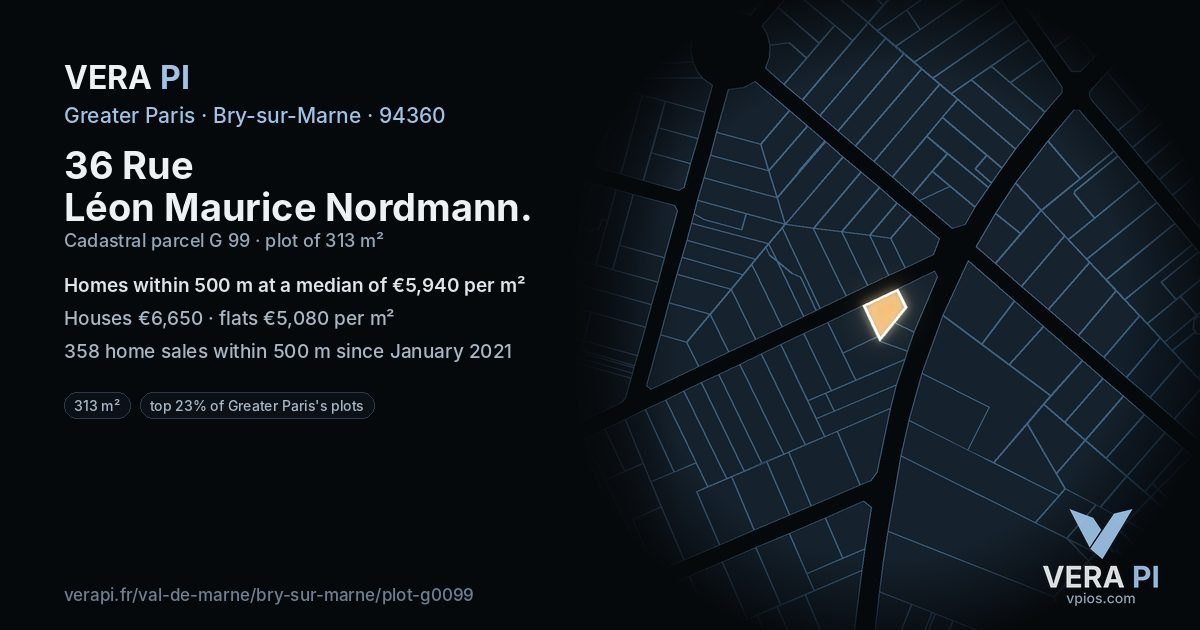 36 Rue Léon Maurice Nordmann, Bry-sur-Marne at night – the plot lit, the parcels around coloured by the prices near them