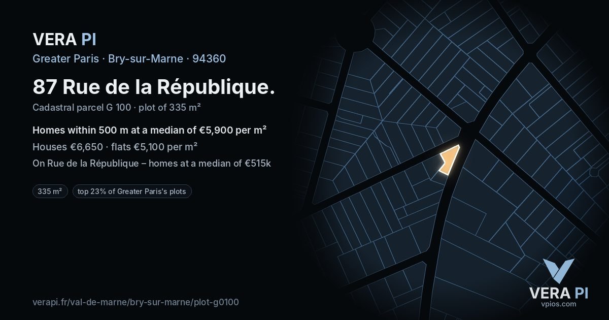 87 Rue de la République, Bry-sur-Marne at night – the plot lit, the parcels around coloured by the prices near them