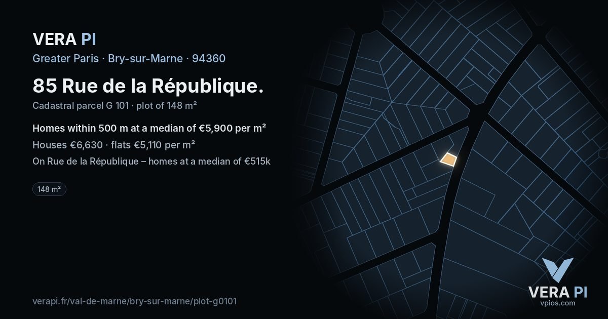 85 Rue de la République, Bry-sur-Marne at night – the plot lit, the parcels around coloured by the prices near them