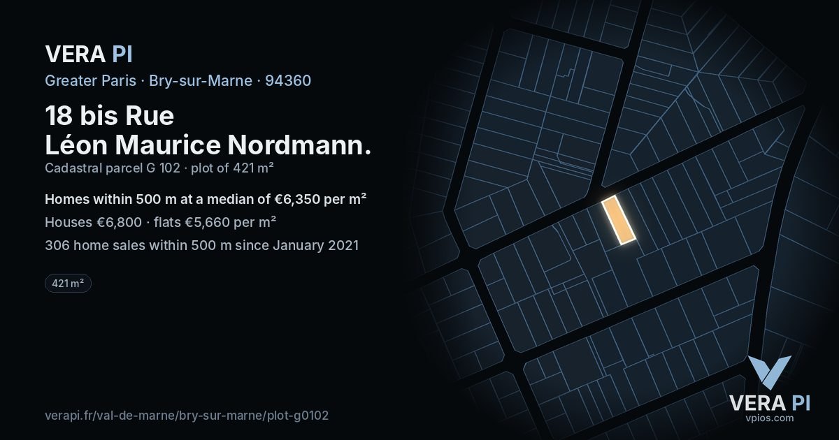 18 bis Rue Léon Maurice Nordmann, Bry-sur-Marne at night – the plot lit, the parcels around coloured by the prices near them