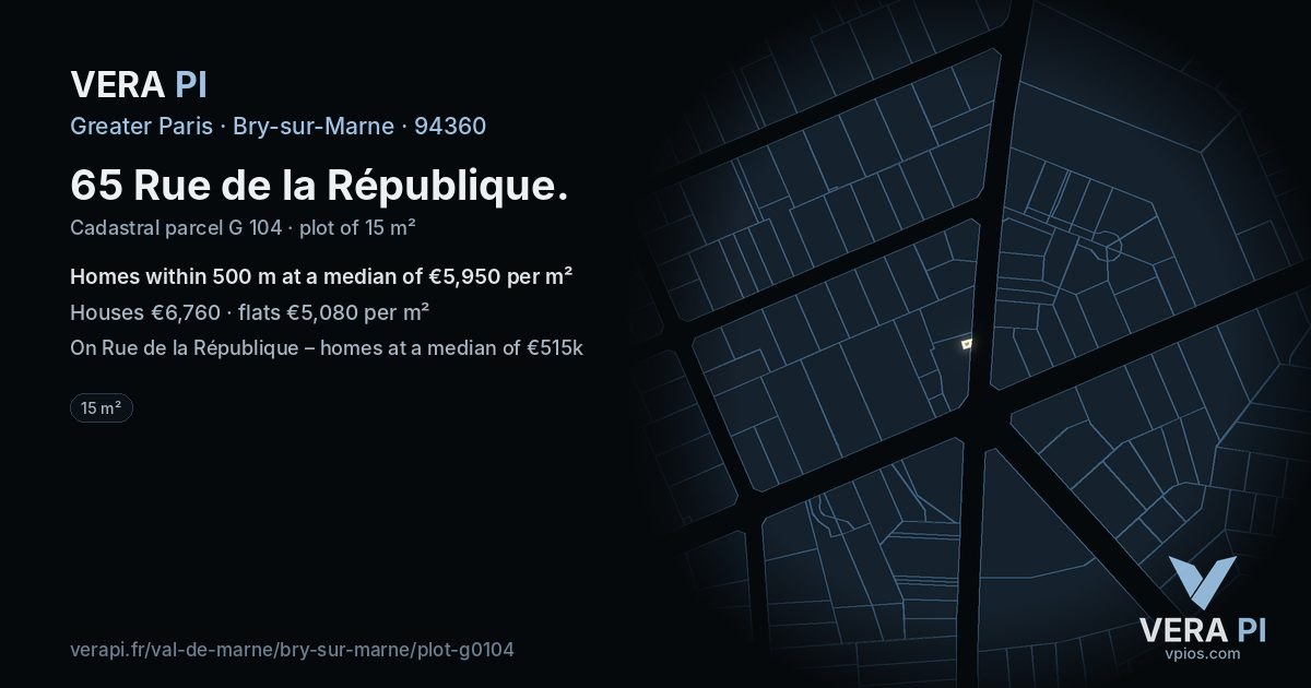 65 Rue de la République, Bry-sur-Marne at night – the plot lit, the parcels around coloured by the prices near them