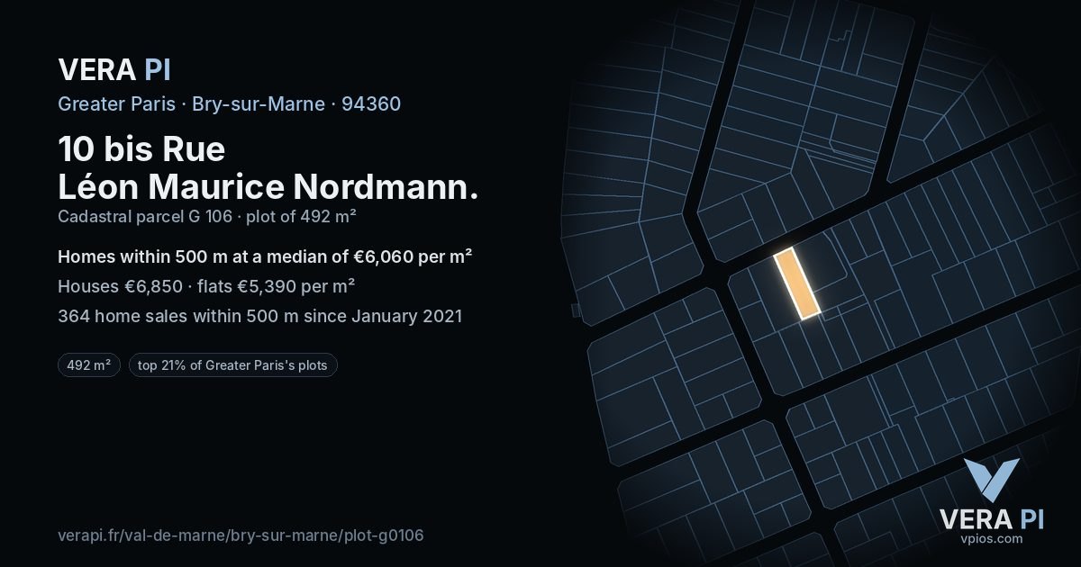 10 bis Rue Léon Maurice Nordmann, Bry-sur-Marne at night – the plot lit, the parcels around coloured by the prices near them