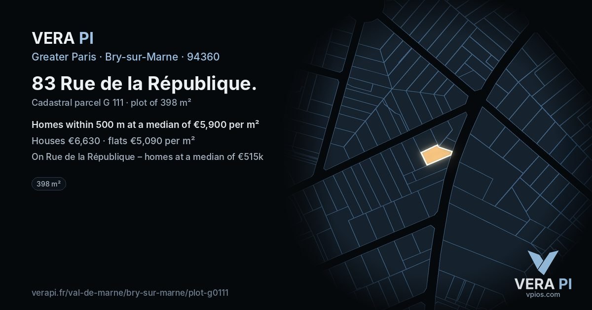 83 Rue de la République, Bry-sur-Marne at night – the plot lit, the parcels around coloured by the prices near them