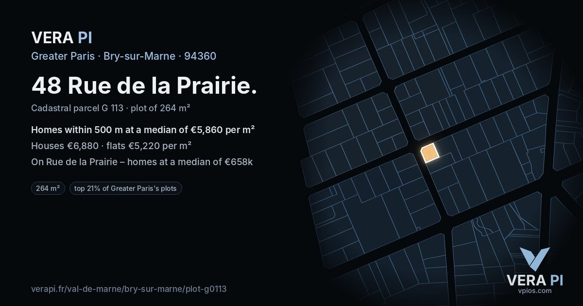 48 Rue de la Prairie, Bry-sur-Marne at night – the plot lit, the parcels around coloured by the prices near them