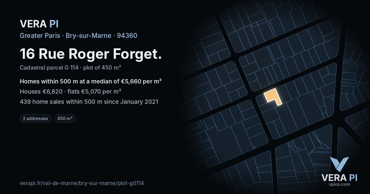 16 Rue Roger Forget, Bry-sur-Marne at night – the plot lit, the parcels around coloured by the prices near them