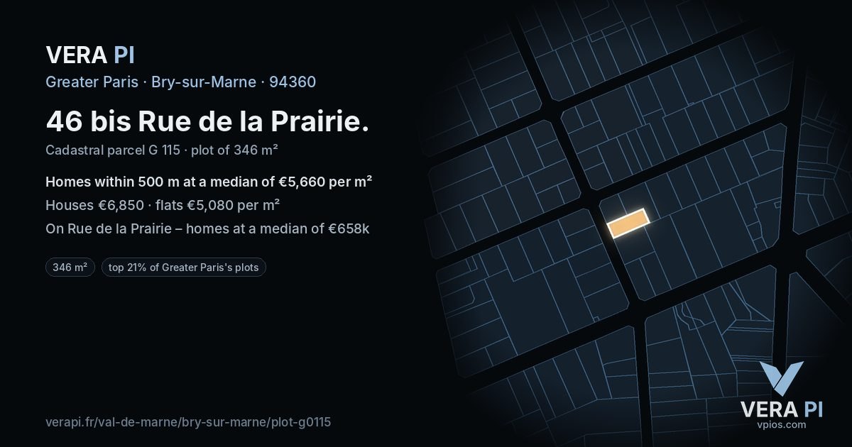 46 bis Rue de la Prairie, Bry-sur-Marne at night – the plot lit, the parcels around coloured by the prices near them