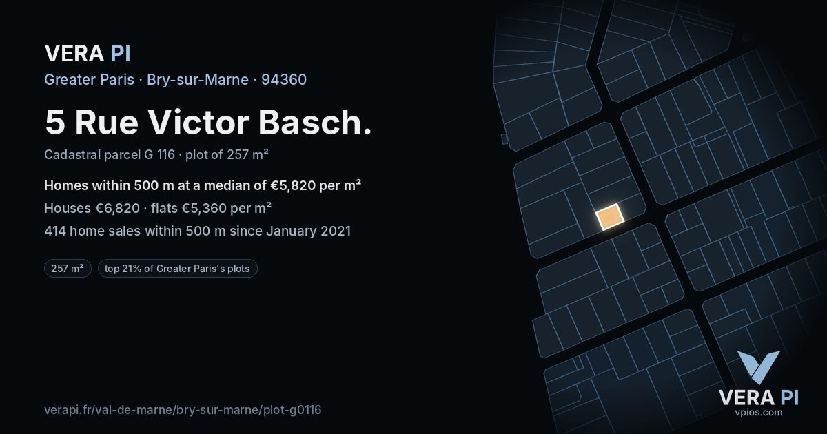 5 Rue Victor Basch, Bry-sur-Marne at night – the plot lit, the parcels around coloured by the prices near them