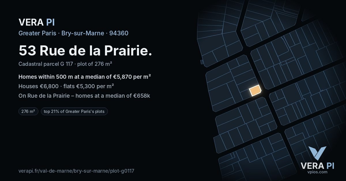 53 Rue de la Prairie, Bry-sur-Marne at night – the plot lit, the parcels around coloured by the prices near them
