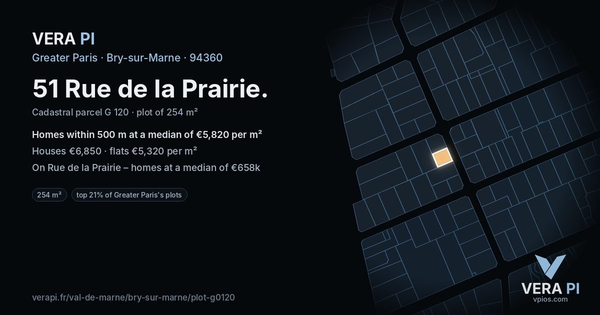 51 Rue de la Prairie, Bry-sur-Marne at night – the plot lit, the parcels around coloured by the prices near them