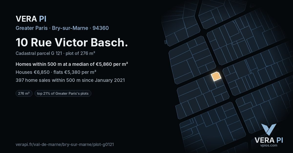 10 Rue Victor Basch, Bry-sur-Marne at night – the plot lit, the parcels around coloured by the prices near them