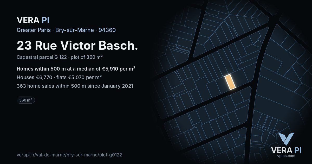23 Rue Victor Basch, Bry-sur-Marne at night – the plot lit, the parcels around coloured by the prices near them