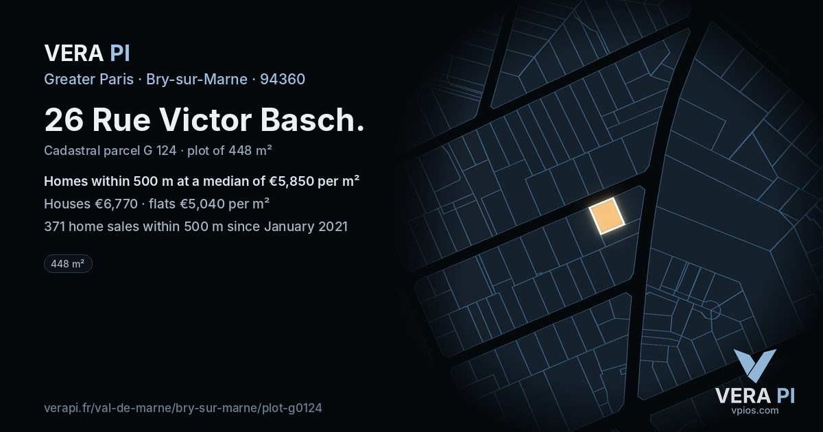 26 Rue Victor Basch, Bry-sur-Marne at night – the plot lit, the parcels around coloured by the prices near them