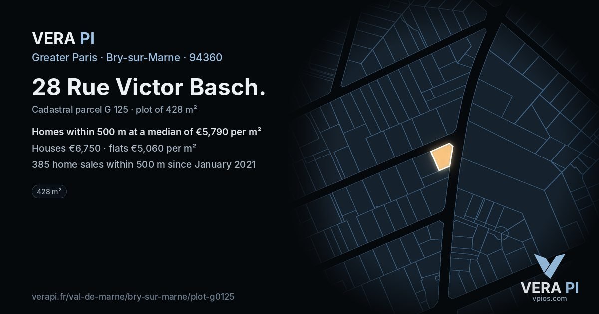 28 Rue Victor Basch, Bry-sur-Marne at night – the plot lit, the parcels around coloured by the prices near them