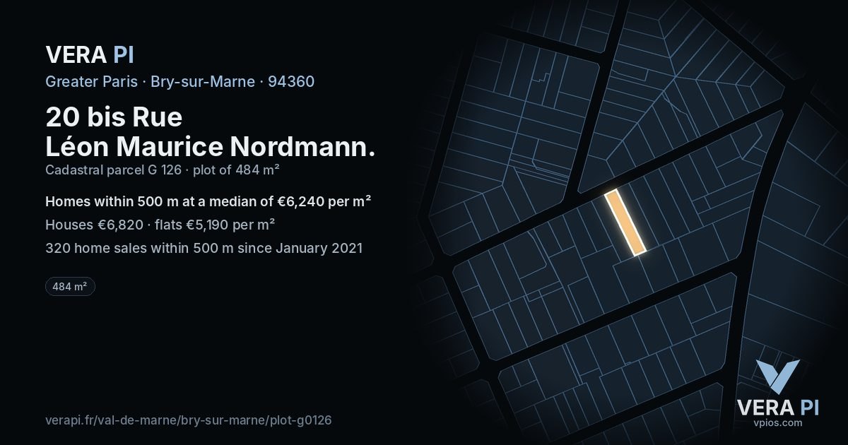 20 bis Rue Léon Maurice Nordmann, Bry-sur-Marne at night – the plot lit, the parcels around coloured by the prices near them