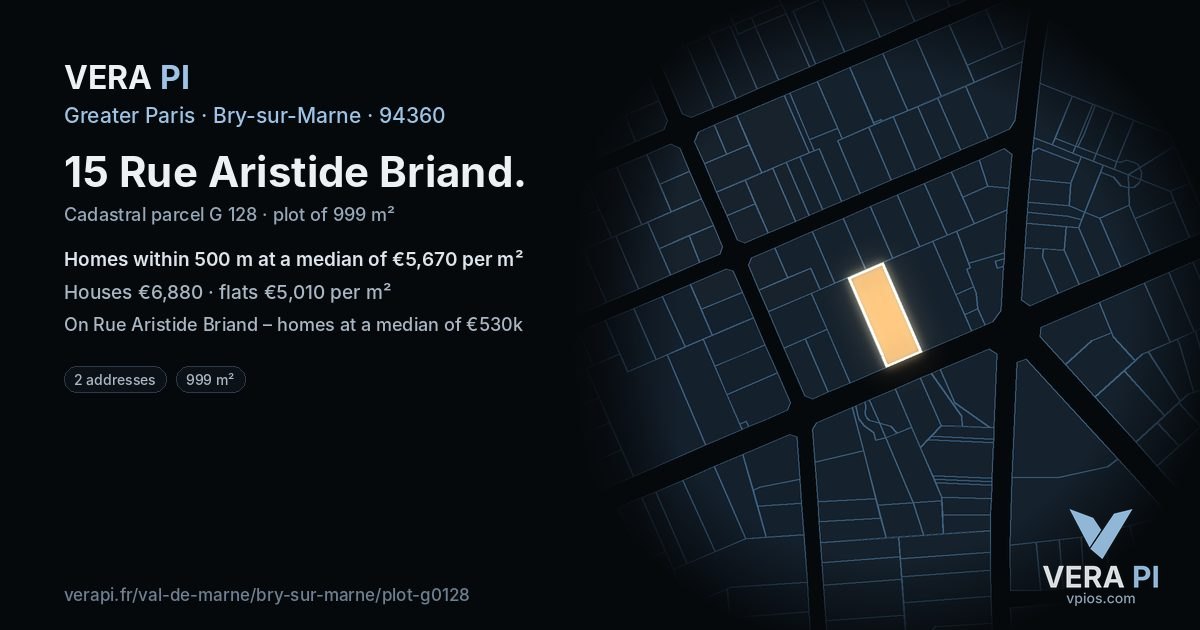 15 Rue Aristide Briand, Bry-sur-Marne at night – the plot lit, the parcels around coloured by the prices near them
