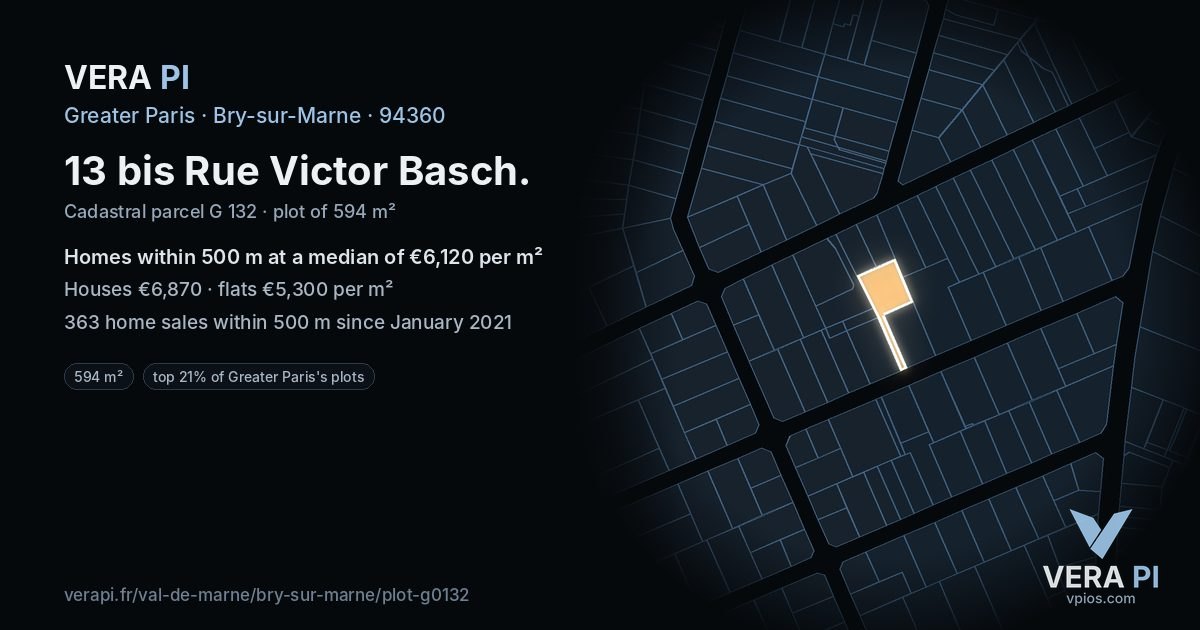 13 bis Rue Victor Basch, Bry-sur-Marne at night – the plot lit, the parcels around coloured by the prices near them