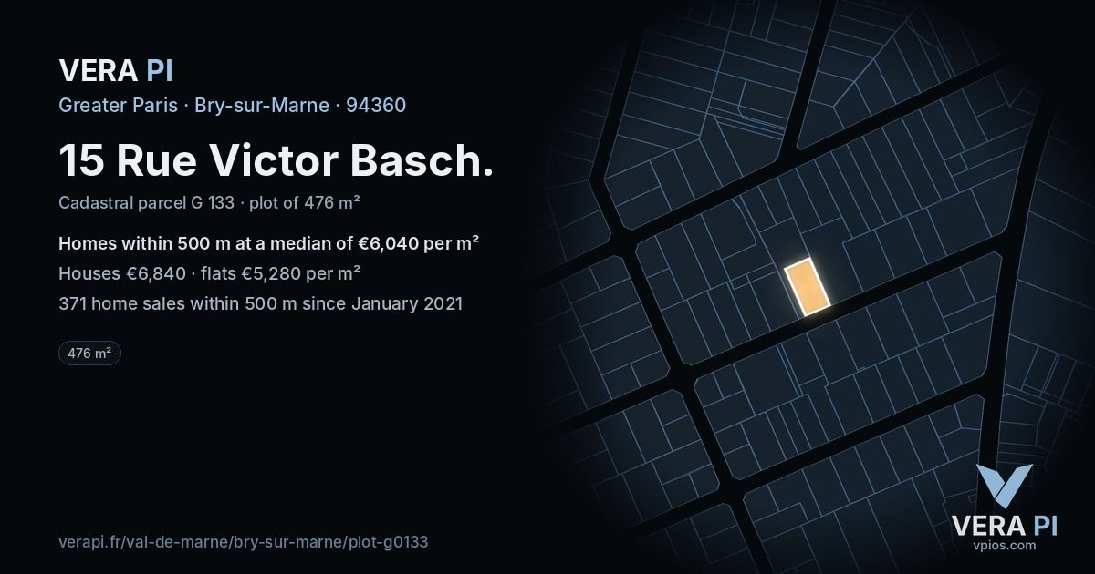 15 Rue Victor Basch, Bry-sur-Marne at night – the plot lit, the parcels around coloured by the prices near them