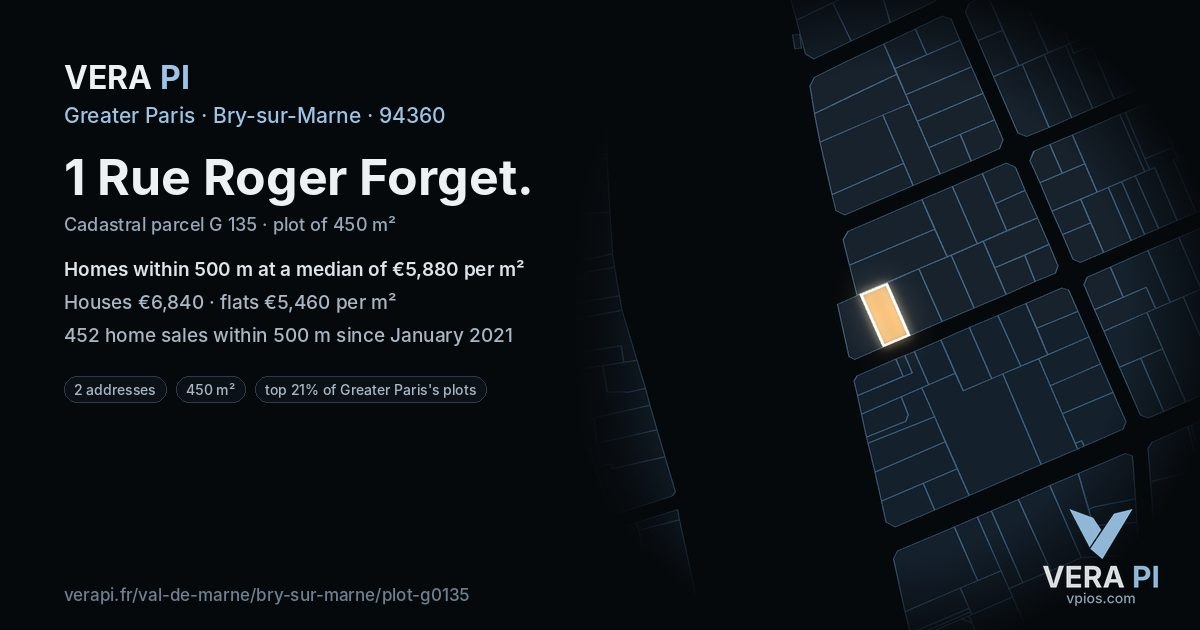 1 Rue Roger Forget, Bry-sur-Marne at night – the plot lit, the parcels around coloured by the prices near them