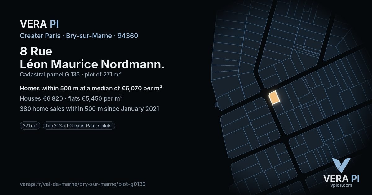 8 Rue Léon Maurice Nordmann, Bry-sur-Marne at night – the plot lit, the parcels around coloured by the prices near them