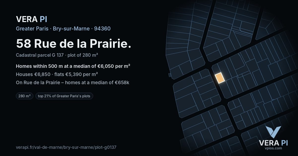 58 Rue de la Prairie, Bry-sur-Marne at night – the plot lit, the parcels around coloured by the prices near them