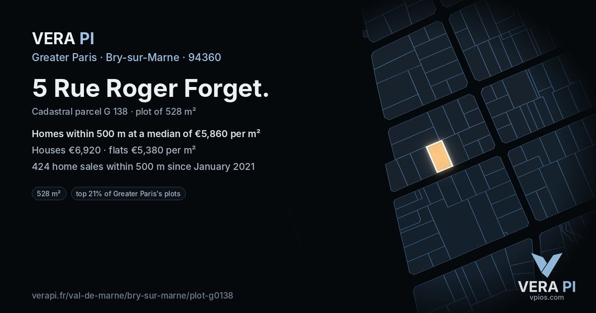 5 Rue Roger Forget, Bry-sur-Marne at night – the plot lit, the parcels around coloured by the prices near them