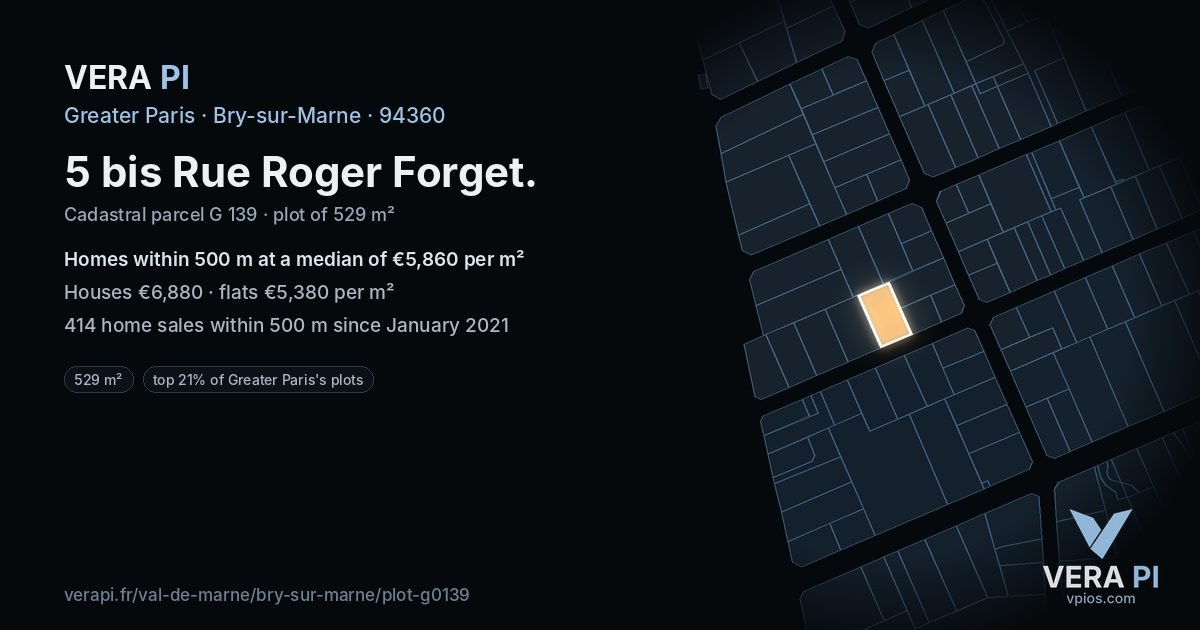 5 bis Rue Roger Forget, Bry-sur-Marne at night – the plot lit, the parcels around coloured by the prices near them