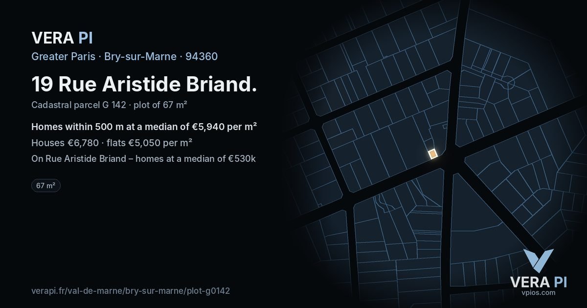 19 Rue Aristide Briand, Bry-sur-Marne at night – the plot lit, the parcels around coloured by the prices near them