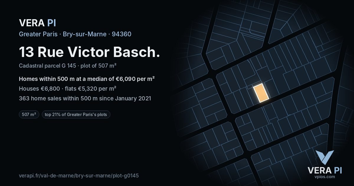 13 Rue Victor Basch, Bry-sur-Marne at night – the plot lit, the parcels around coloured by the prices near them