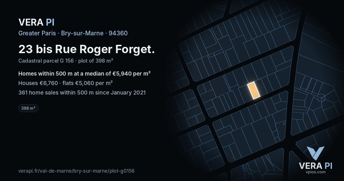 23 bis Rue Roger Forget, Bry-sur-Marne at night – the plot lit, the parcels around coloured by the prices near them