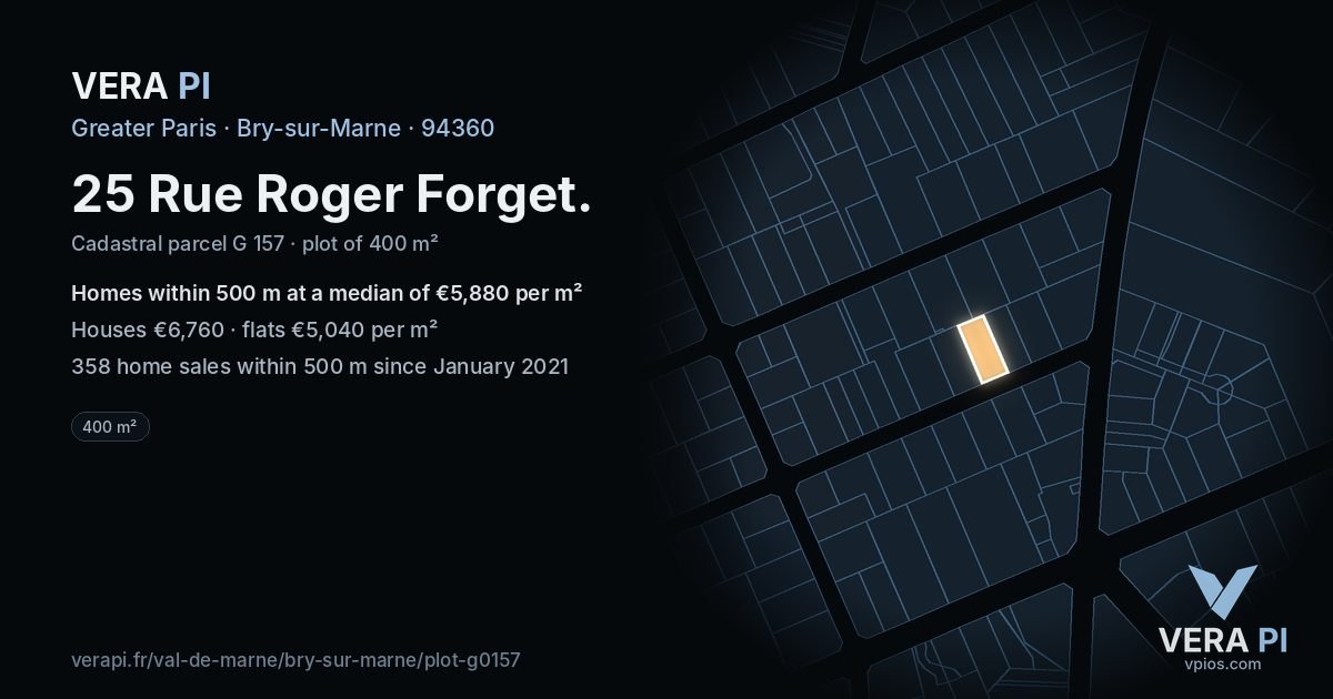 25 Rue Roger Forget, Bry-sur-Marne at night – the plot lit, the parcels around coloured by the prices near them