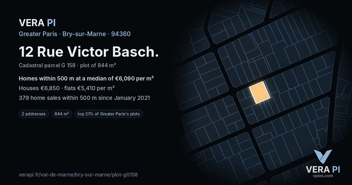 12 Rue Victor Basch, Bry-sur-Marne at night – the plot lit, the parcels around coloured by the prices near them