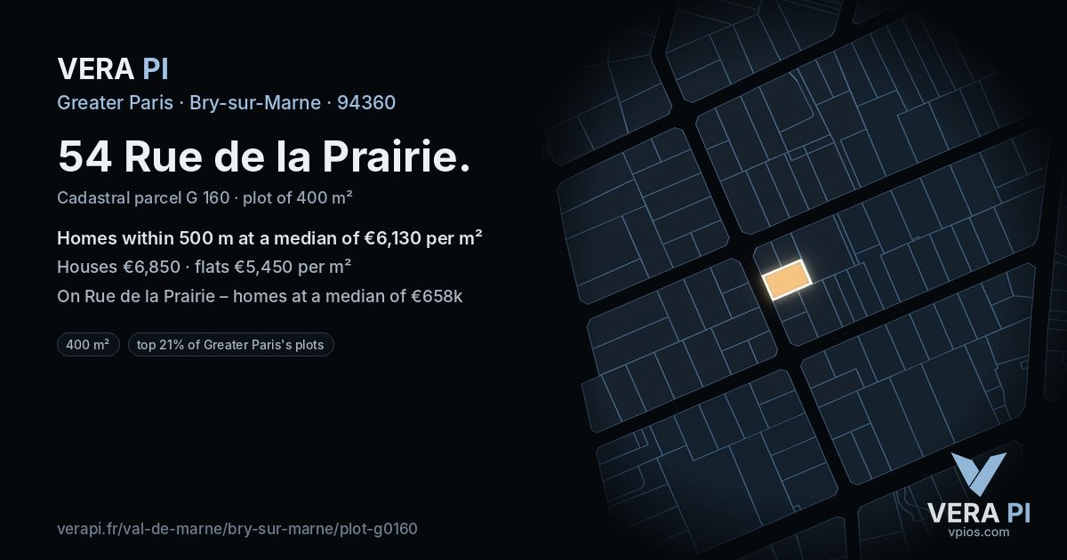 54 Rue de la Prairie, Bry-sur-Marne at night – the plot lit, the parcels around coloured by the prices near them