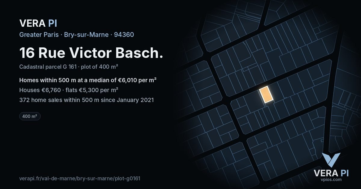 16 Rue Victor Basch, Bry-sur-Marne at night – the plot lit, the parcels around coloured by the prices near them