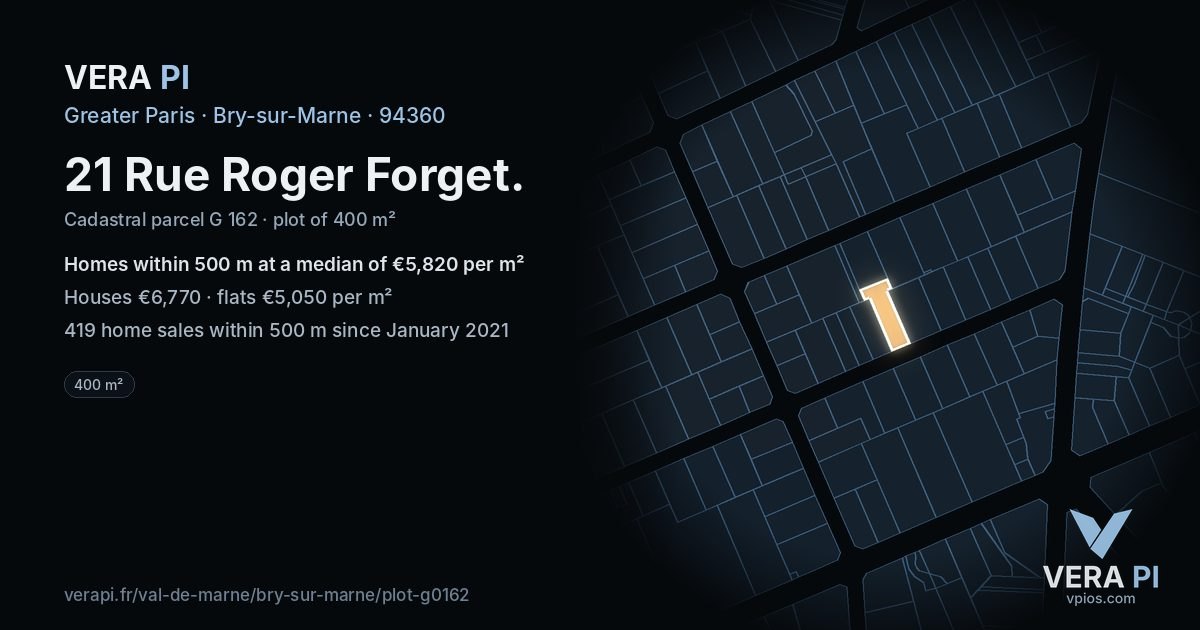 21 Rue Roger Forget, Bry-sur-Marne at night – the plot lit, the parcels around coloured by the prices near them