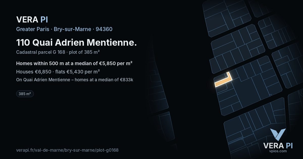 110 Quai Adrien Mentienne, Bry-sur-Marne at night – the plot lit, the parcels around coloured by the prices near them