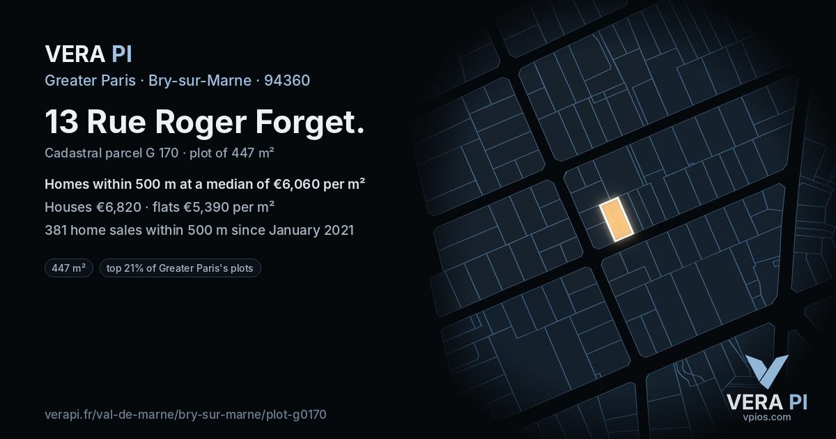 13 Rue Roger Forget, Bry-sur-Marne at night – the plot lit, the parcels around coloured by the prices near them