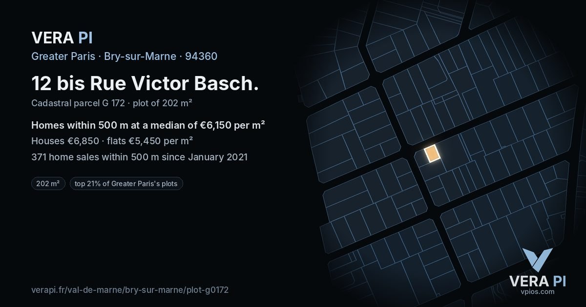 12 bis Rue Victor Basch, Bry-sur-Marne at night – the plot lit, the parcels around coloured by the prices near them