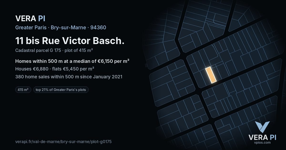 11 bis Rue Victor Basch, Bry-sur-Marne at night – the plot lit, the parcels around coloured by the prices near them