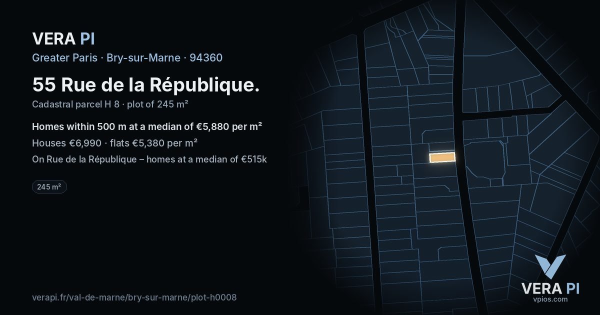 55 Rue de la République, Bry-sur-Marne at night – the plot lit, the parcels around coloured by the prices near them