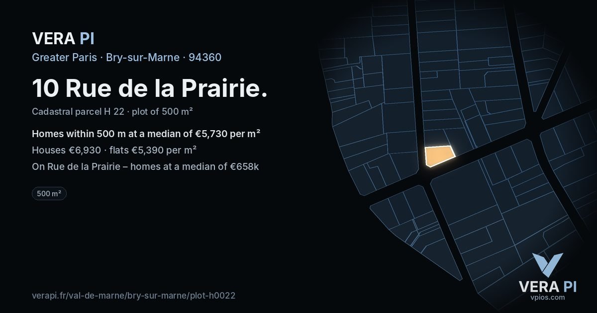 10 Rue de la Prairie, Bry-sur-Marne at night – the plot lit, the parcels around coloured by the prices near them