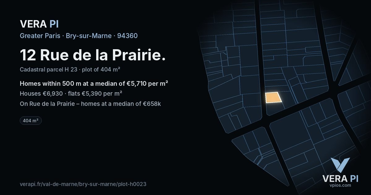 12 Rue de la Prairie, Bry-sur-Marne at night – the plot lit, the parcels around coloured by the prices near them