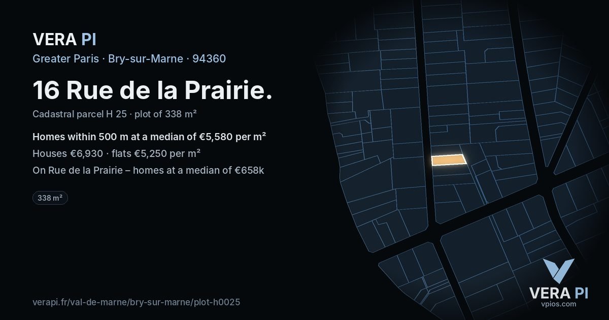 16 Rue de la Prairie, Bry-sur-Marne at night – the plot lit, the parcels around coloured by the prices near them