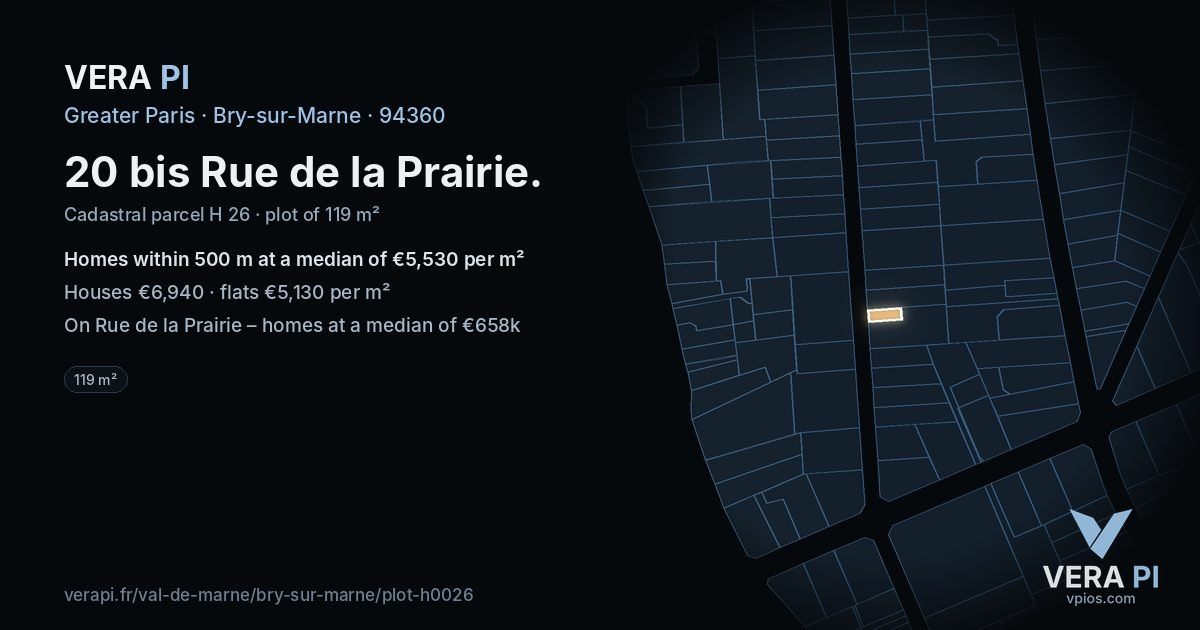 20 bis Rue de la Prairie, Bry-sur-Marne at night – the plot lit, the parcels around coloured by the prices near them