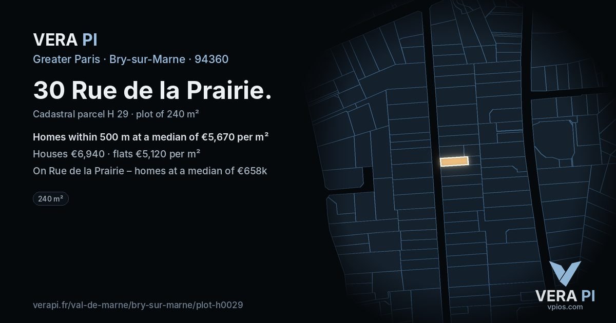 30 Rue de la Prairie, Bry-sur-Marne at night – the plot lit, the parcels around coloured by the prices near them