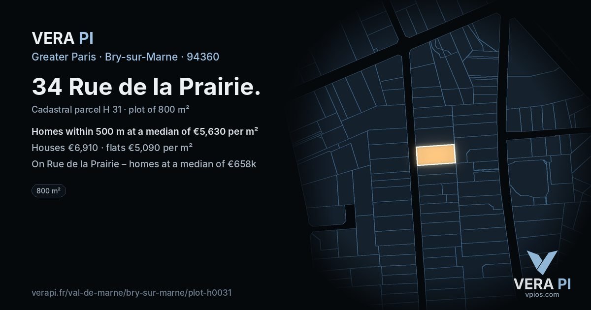 34 Rue de la Prairie, Bry-sur-Marne at night – the plot lit, the parcels around coloured by the prices near them