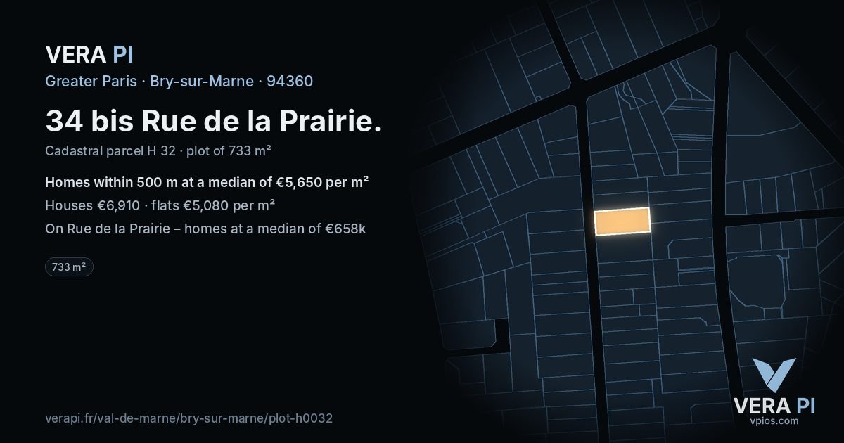 34 bis Rue de la Prairie, Bry-sur-Marne at night – the plot lit, the parcels around coloured by the prices near them