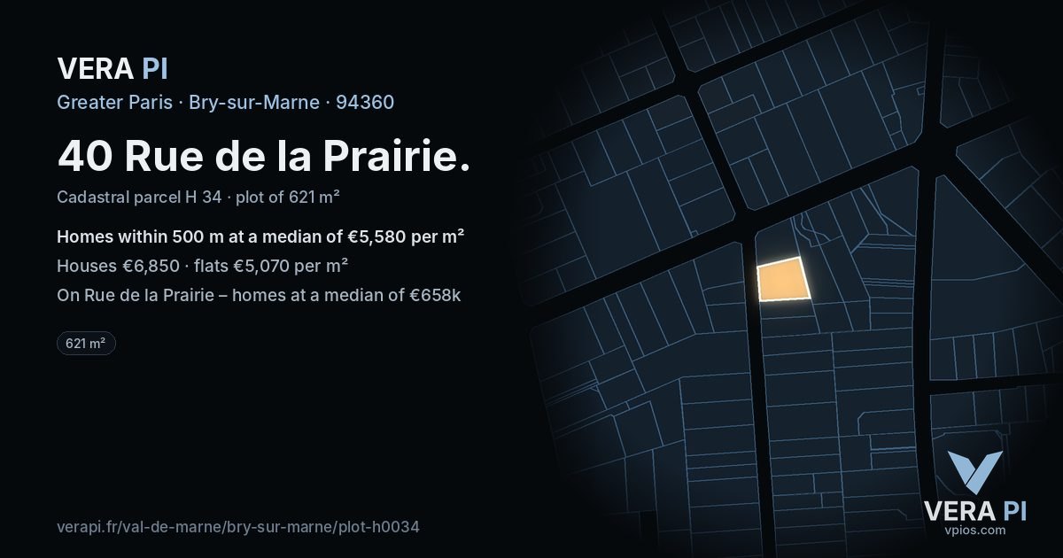 40 Rue de la Prairie, Bry-sur-Marne at night – the plot lit, the parcels around coloured by the prices near them
