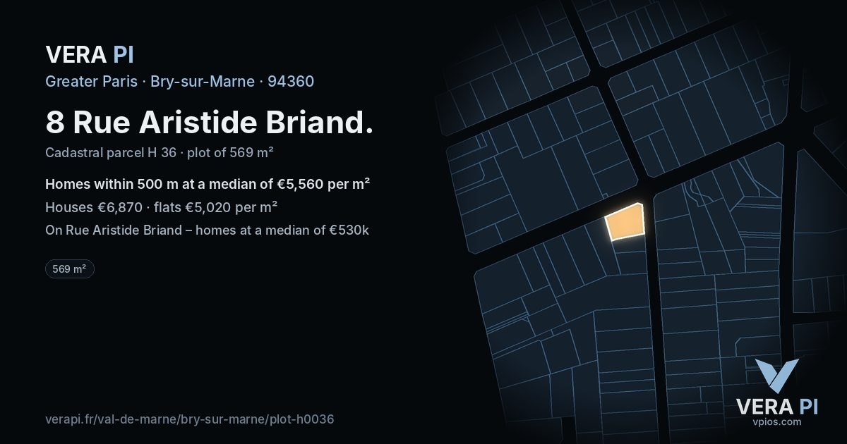 8 Rue Aristide Briand, Bry-sur-Marne at night – the plot lit, the parcels around coloured by the prices near them