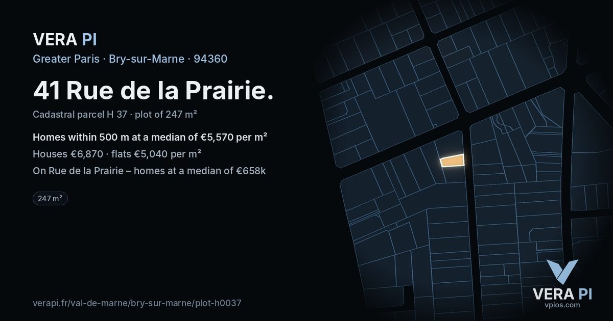 41 Rue de la Prairie, Bry-sur-Marne at night – the plot lit, the parcels around coloured by the prices near them