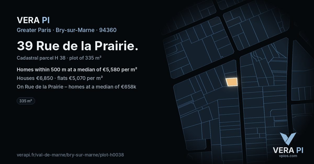 39 Rue de la Prairie, Bry-sur-Marne at night – the plot lit, the parcels around coloured by the prices near them